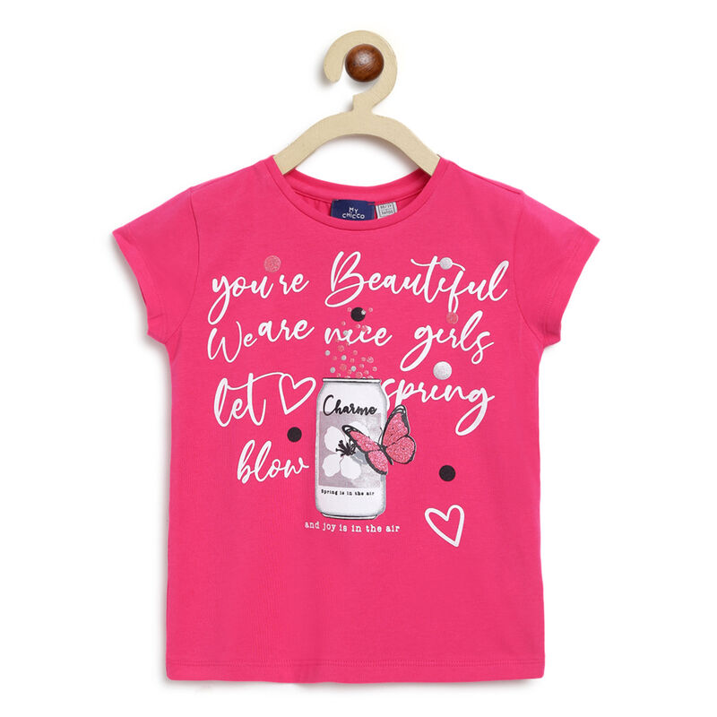 Girls Dark Pink Printed Short Sleeve T-shirt image number null